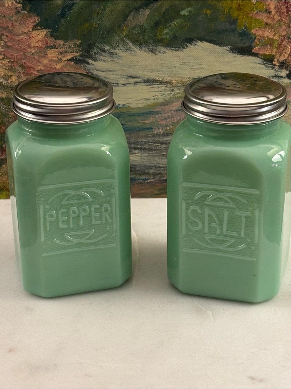 TableCraft Jadeite Glass Salt & Pepper Shakers Retro Kitchen Set